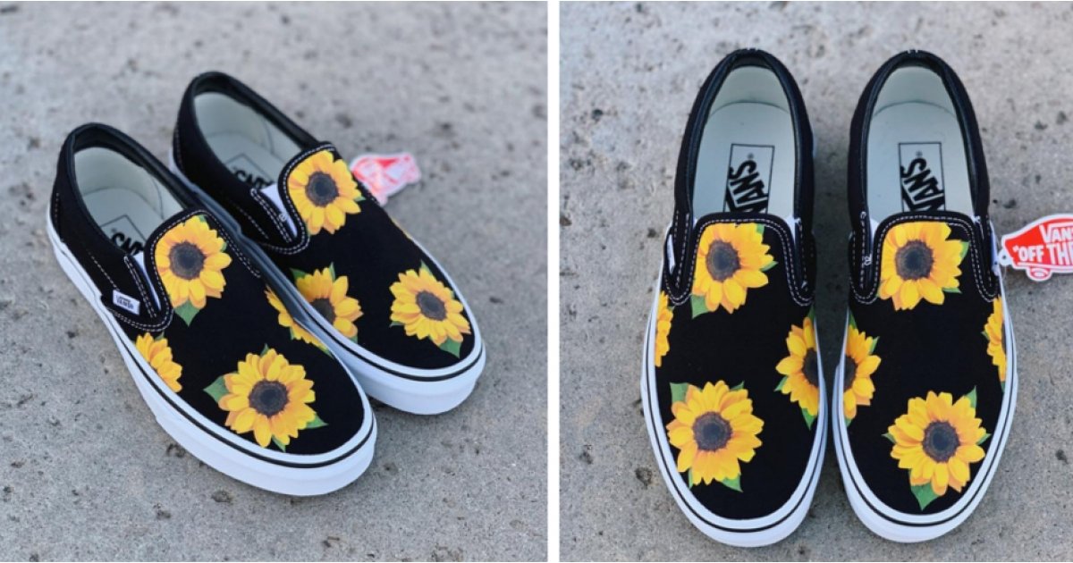 black and white vans with sunflowers