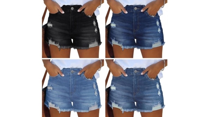 Womens Mid-High Waisted Ripped Jean Shorts 40% Off